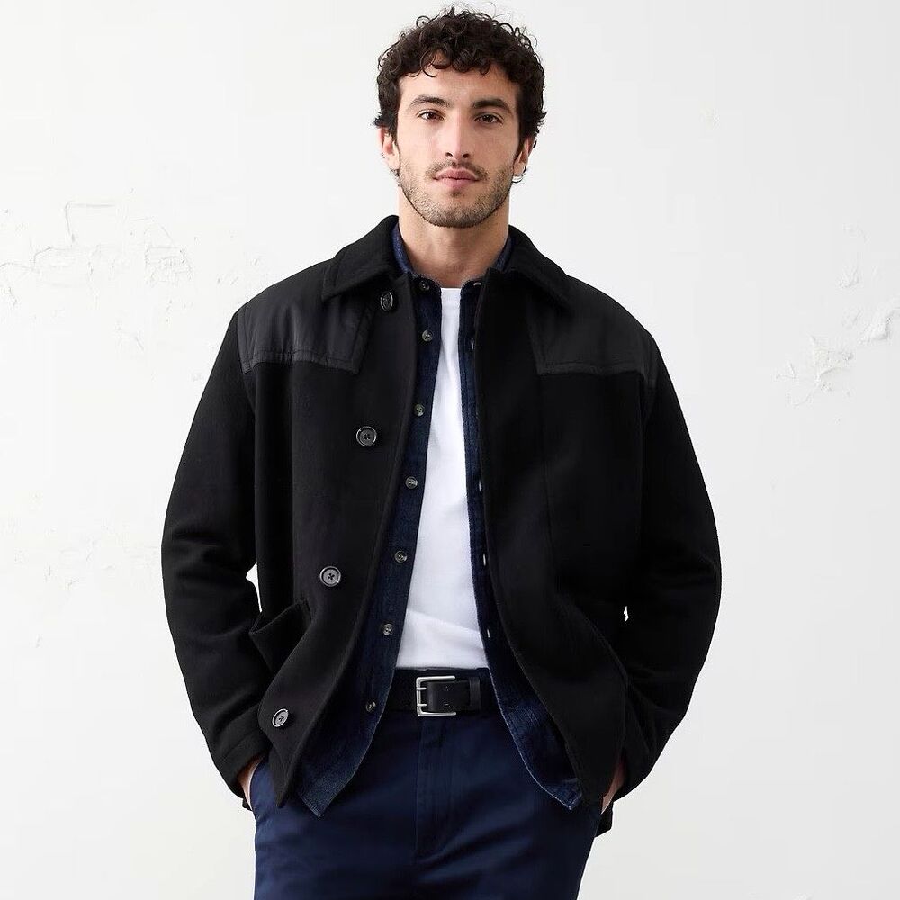 NWT $250 Banana Republic Black Wool Blend Mixed Media Coat Men Size S (C1)